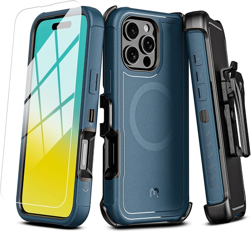 M MYBAT PRO Maverick Series for iPhone 16 Pro Max Case with Belt Clip Holster,[Compatible with Magsafe] w/Screen Protector,Anti-Drop,Shockproof,with 360°Rotating Kickstand,Heavy Duty Protection Blue - Image 1